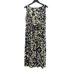 Midi Dress Womens L Black Cream Ikat Ruched Waist Sleeveless Boho Office